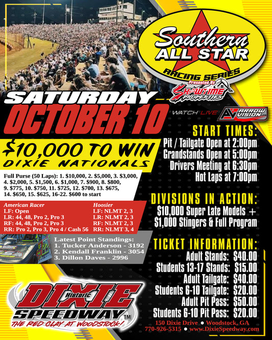 Dixie Speedway Hosts SAS Tour on Saturday, October 10 Paying $10,000 to Win