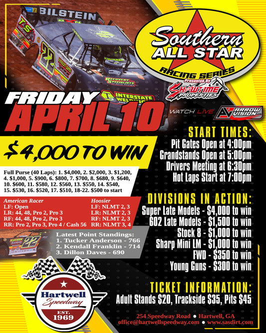 Hartwell Speedway Hosts SAS Tour this Friday, April 10 for $4,000