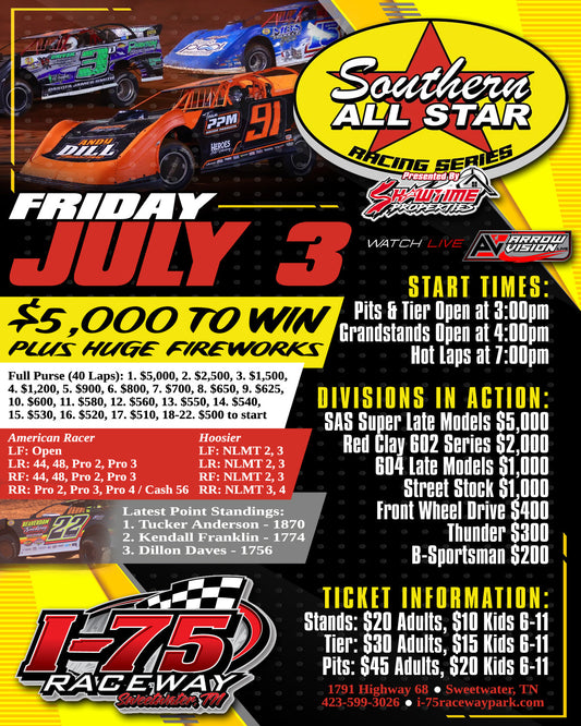 I-75 Raceway Next for SAS Tour on Friday, July 3 Paying $5,000 to Win
