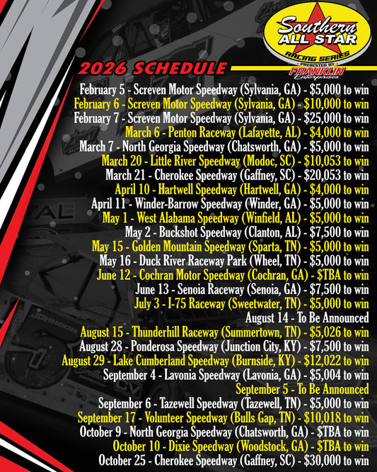 Southern All Star Dirt Racing Series Announces 25-Race Slate for 2026; Now Pays $15,000 for Champion