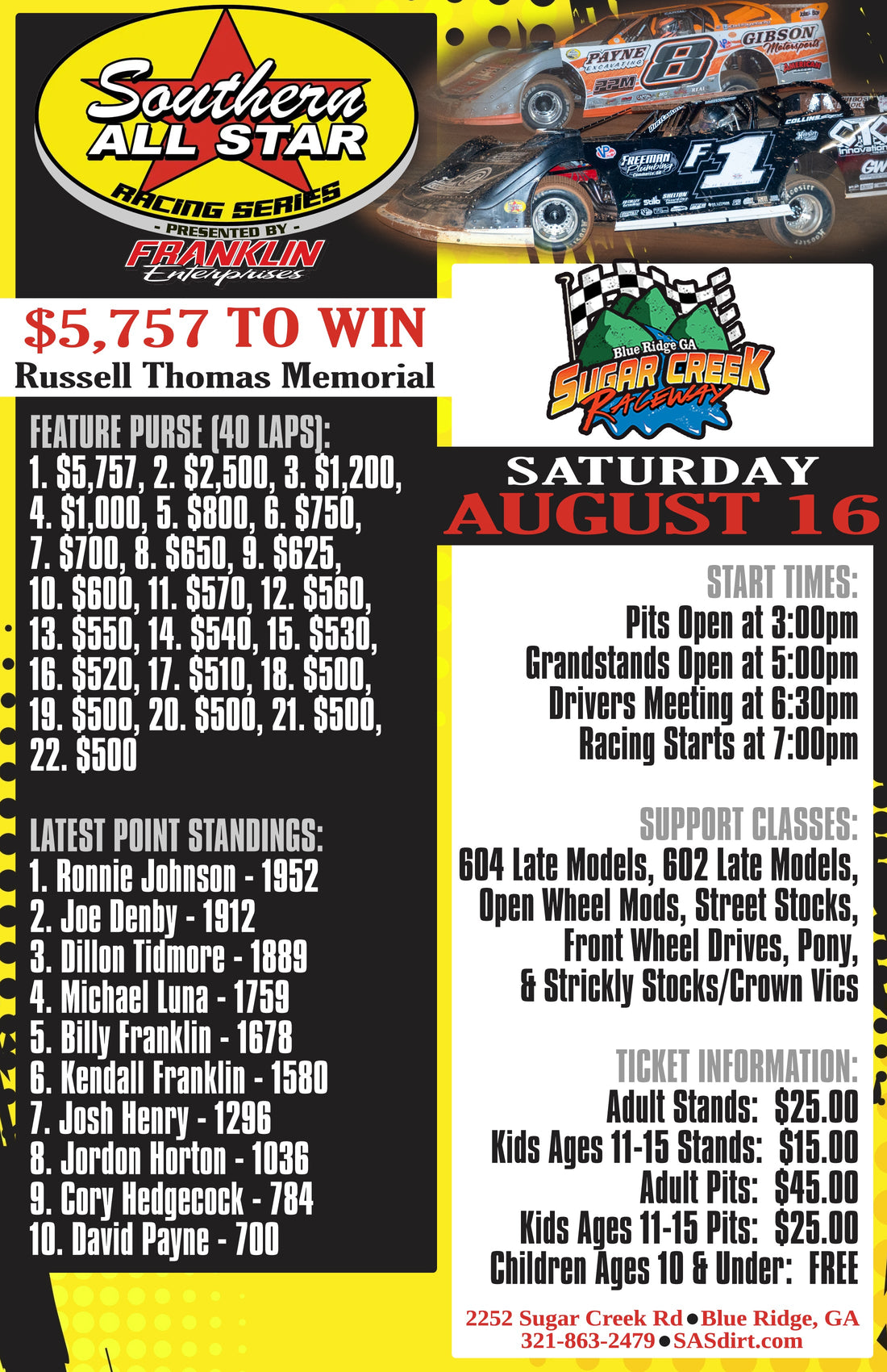 Sugar Creek Raceway Hosts Russell Thomas Memorial on Saturday, August 16 Paying $5,057 for Super Late Models
